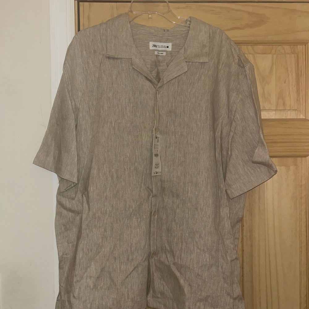 Zara Tan Short Sleeve Button-Up Linen Shirt - Picture 2 of 8